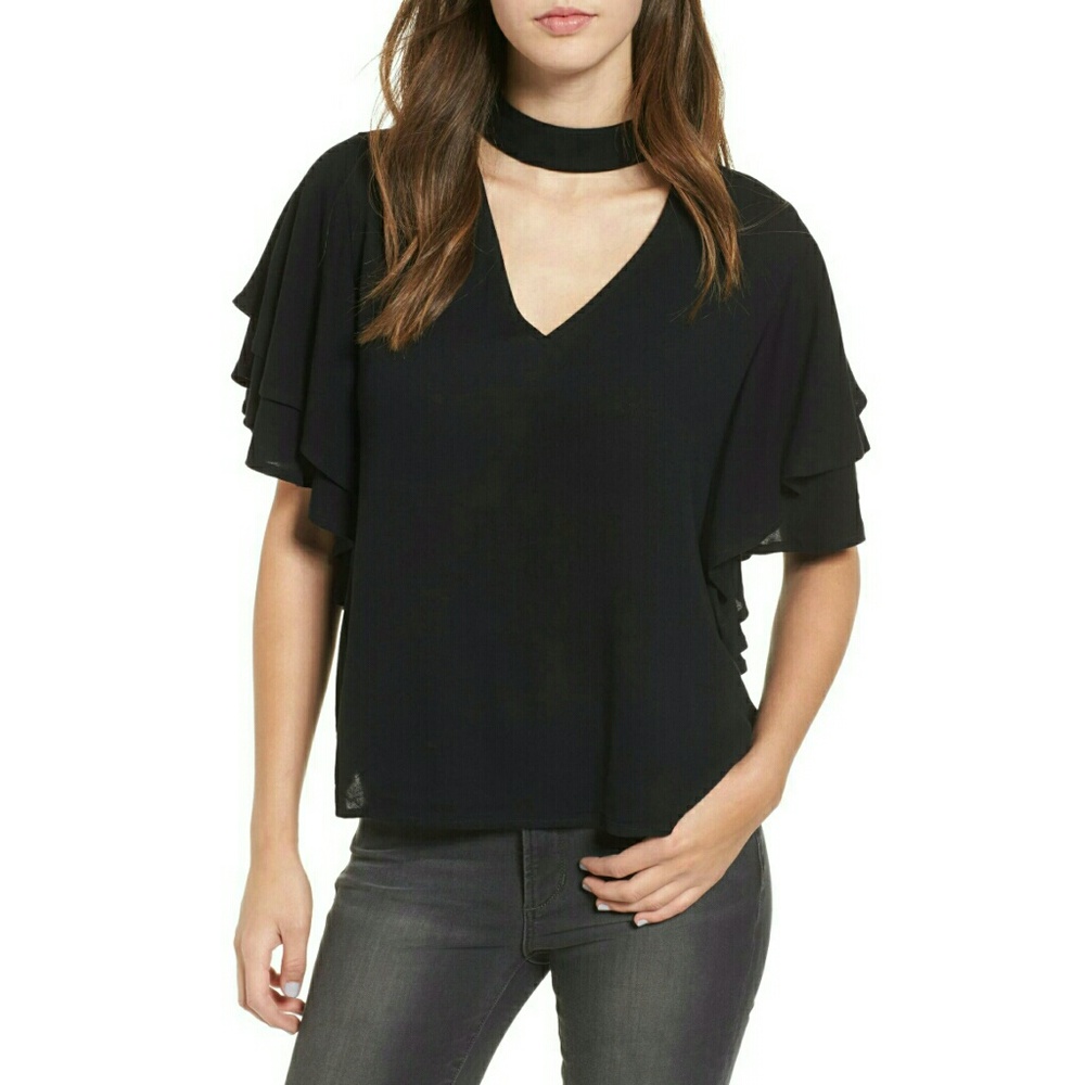 NWOT Leith Black Choker Ruffle Sleeve Top Size XS